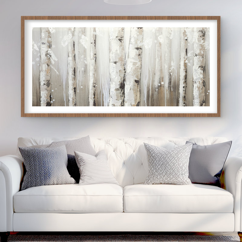 Bouleaux blancs sur fond gris - reproduction encadrée beige mat