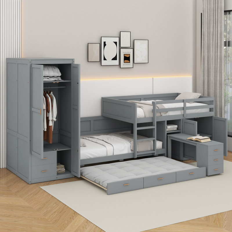 Lit simple superposé en bois avec lit gigogne, armoire, armoire, bureau et tiroirs, Gris