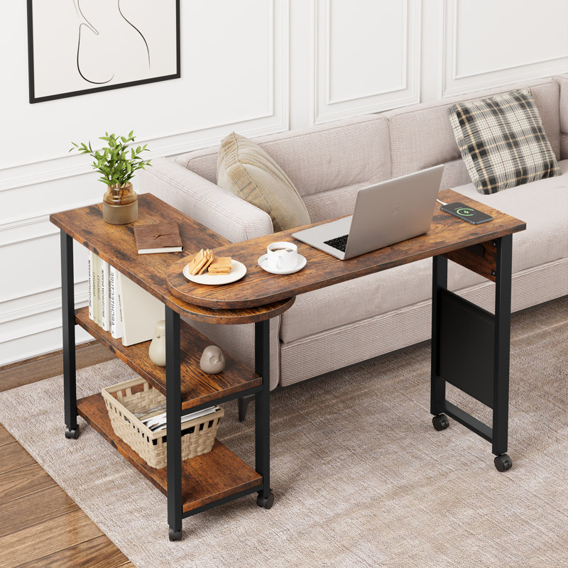 360° Rotating Sofa Side Table with Charging Station, 2-Tier End Table with Wheels, Hidden Storage Pocket, and Movable Laptop Desk