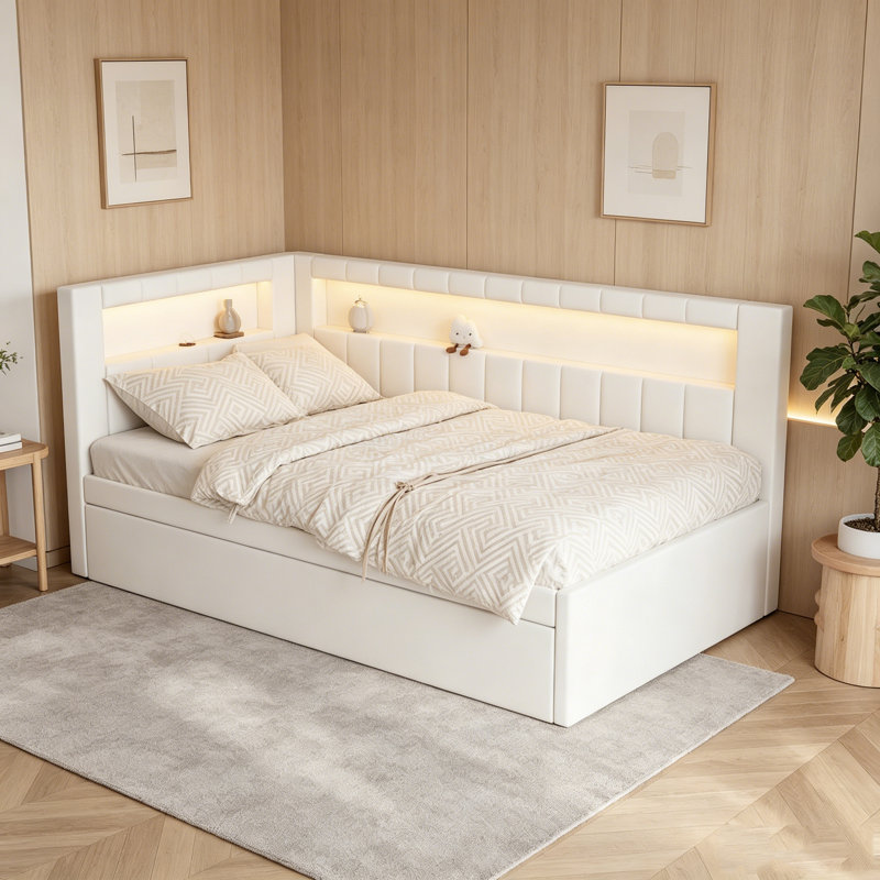 Lit plateforme tapissier simple blanc avec ports USB, bande lumineuse à DEL et lit gigogne simple, Lit simple, Blanc