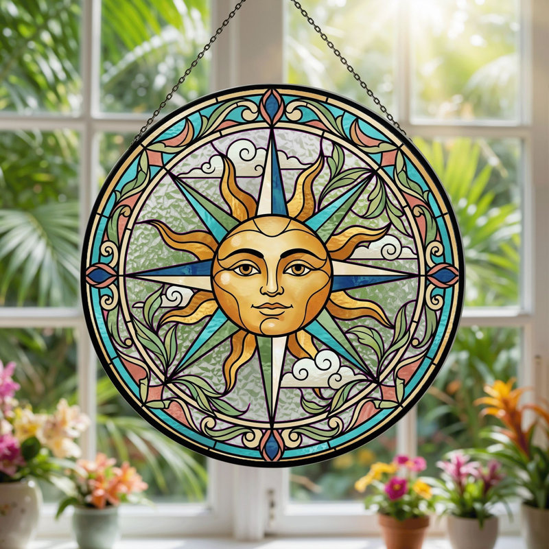 Panneau de vitrail Sun Face ， 7,8H, H 7,8 po