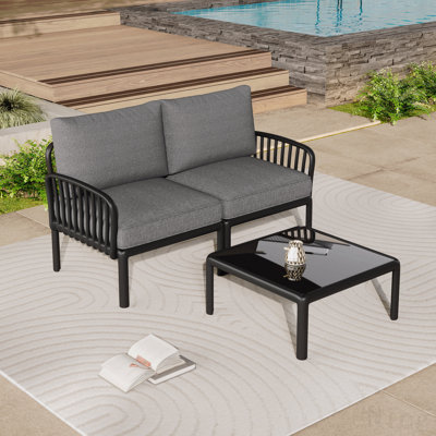 Ensemble de conversation pour patio 3 pièces, ensemble de mobilier modulaire d'extérieur moderne avec table basse carrée, coussin épais et imperméable pour porche, balcon, gris clair
