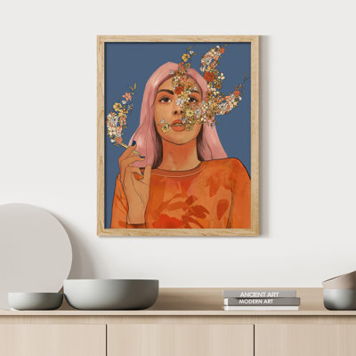 "Femme avec des cheveux roses et une superposition de fleurs, bureau d'art inspirant" sur papier