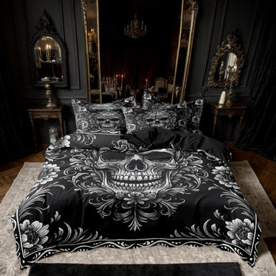 Housse de couette en microfibre damassée à motif de crânes de sucre gothiques avec 2 taies d'oreiller standard, taille Queen, fermeture éclair