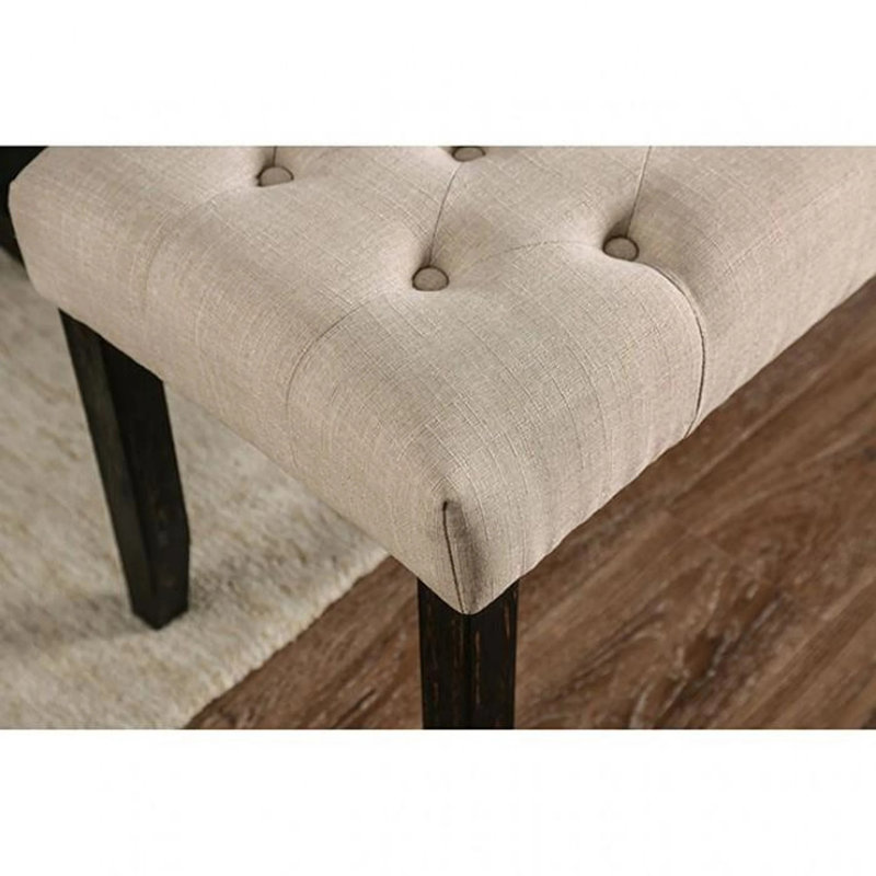 Classic Ivory 1PC BENCH Button Tufted Linen Like Fabric Solid Wood Chair Upholstered Seat Breakfast Rustic Dining Room Furniture