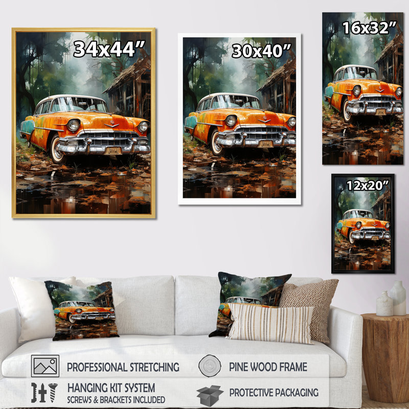 Charme de voiture symbolique rétro sur toile, Cadre flottant noir, H 32 po x l 16 po x P 1 po
