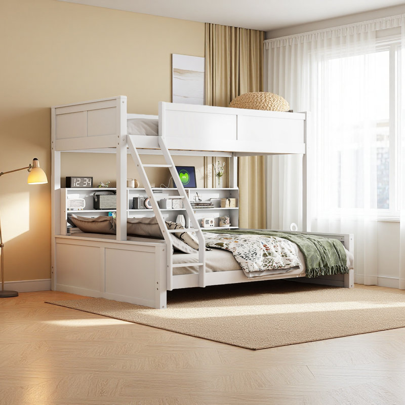 Lit superposé avec armoires de rangement et ports USB, Simple TG sur grand, Blanc antique