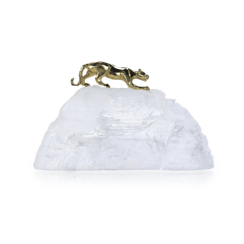 Prowling Brass Panther Sculpture On Selenite