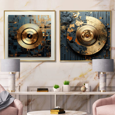 Gold And Grey Vinyl Record Melody I - Vinyl Records Canvas Art Print Set Of 2