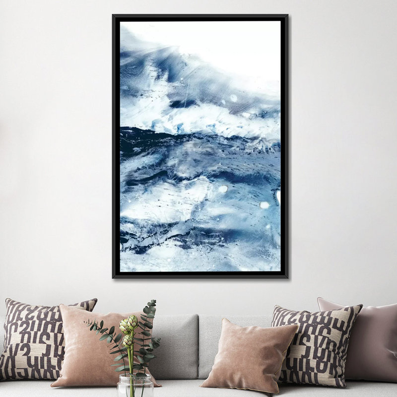 Reproduction d’art, "Indigo Tides I" par Ethan Harper, H 60 po x l 40po x P 1,5 po, Toile avec cadre noir, Pas de tapis