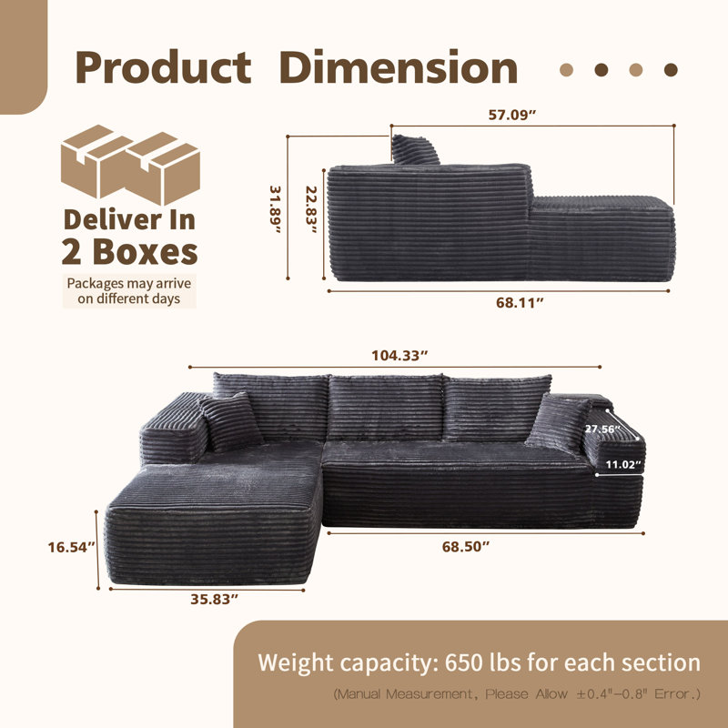 Canapé modulaire rembourré 2 pièces Kailayah, Polyester gris, Orienté à gauche (vu de face)
