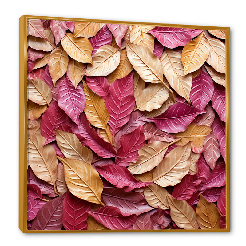 Or et feuilles roses, charme artistique II, Cadre flottant doré, H 16 po x l 16 po x P 1 po