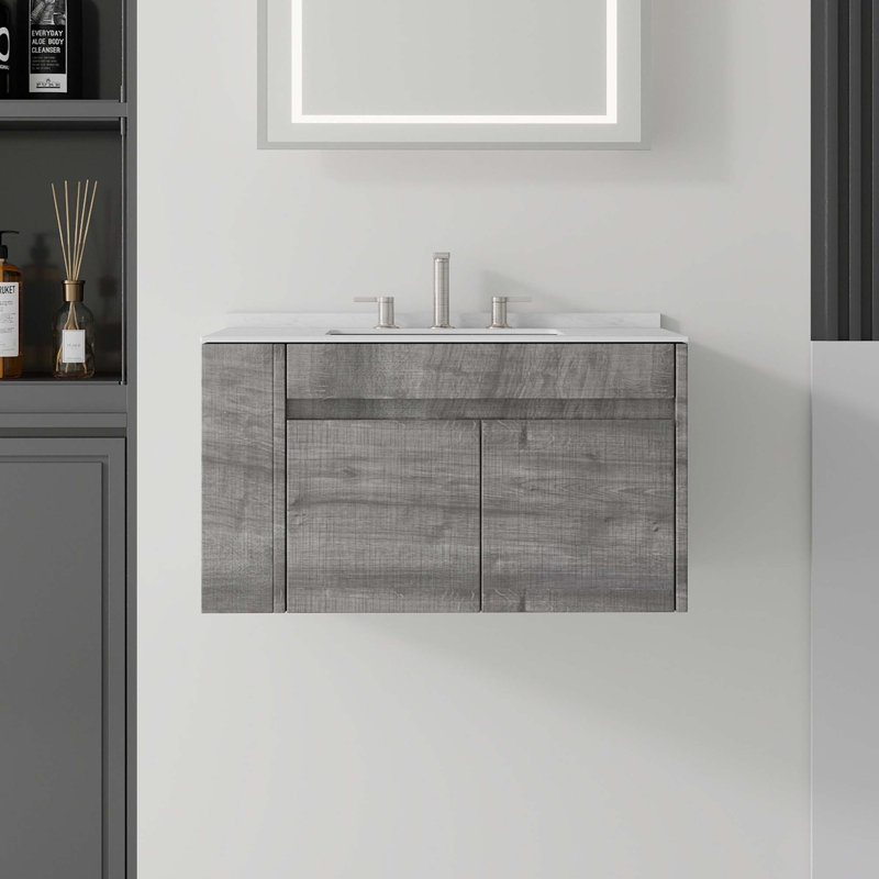 Meuble-lavabo flottant avec comptoir en marbre de culture et portes à fermeture en douceur, Gris