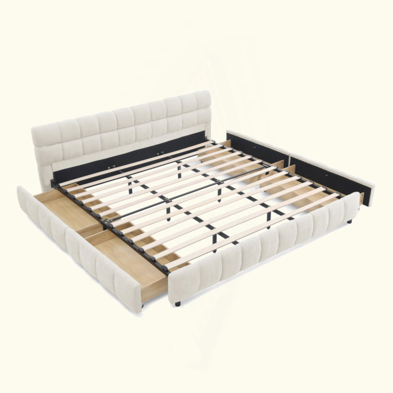 Storage Upholstered Bed Frame with Thick Fabric, Beige, King