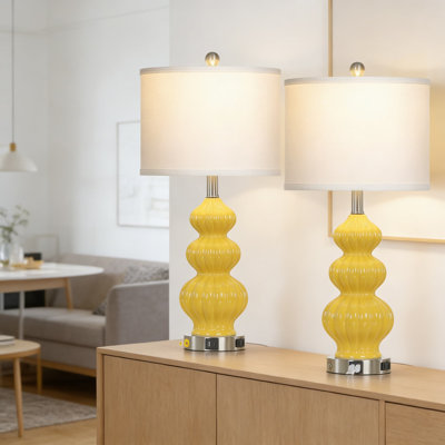 Modern Ceramic Table Lamps Set Of 2 With USB A+C Ports & AC Outlet, 3-Way Serafino Dimmable Bedside Lamps For Bedroom And Living Room