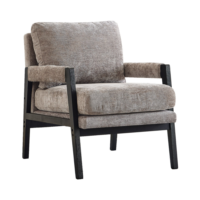 Fauteuil gris - Design moderne de style Mid-Century, revêtu de chenille, structure en bois stable, coussin amovible avec dossier, coussin de siège, magnifique