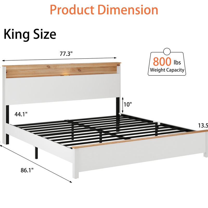 Très grand cadre de lit très grand avec lumières à DEL, charge intégrée et de type C, lattes en métal, rangement sous le comptoir et charge rustique de 800 lb pour la station de charge de la chambre à coucher, éclairage, rangement robuste