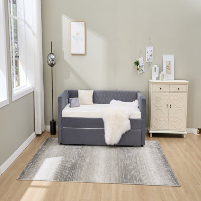 Grey Velvet Daybed with Sturdy Wooden Frame, Modern Diamond Grid Pull-Out Design for Bedroom and Living Room