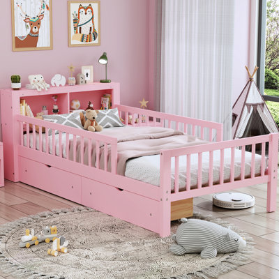 Pink Twin Size Bed With Strong Foundation & Storage Options In Stable Guardrails Organized Headboard