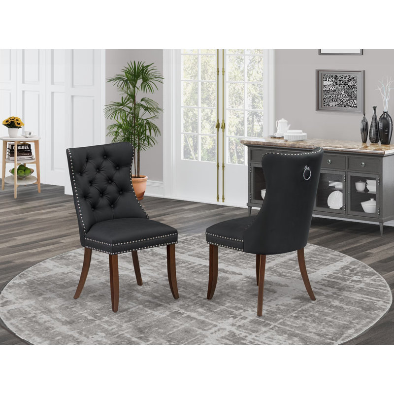 Denison Parson Dining Room Chairs - Button Tufted Nailhead Dark Gray Polyester Fabric Padded Chairs, Set of 2, Mahogany