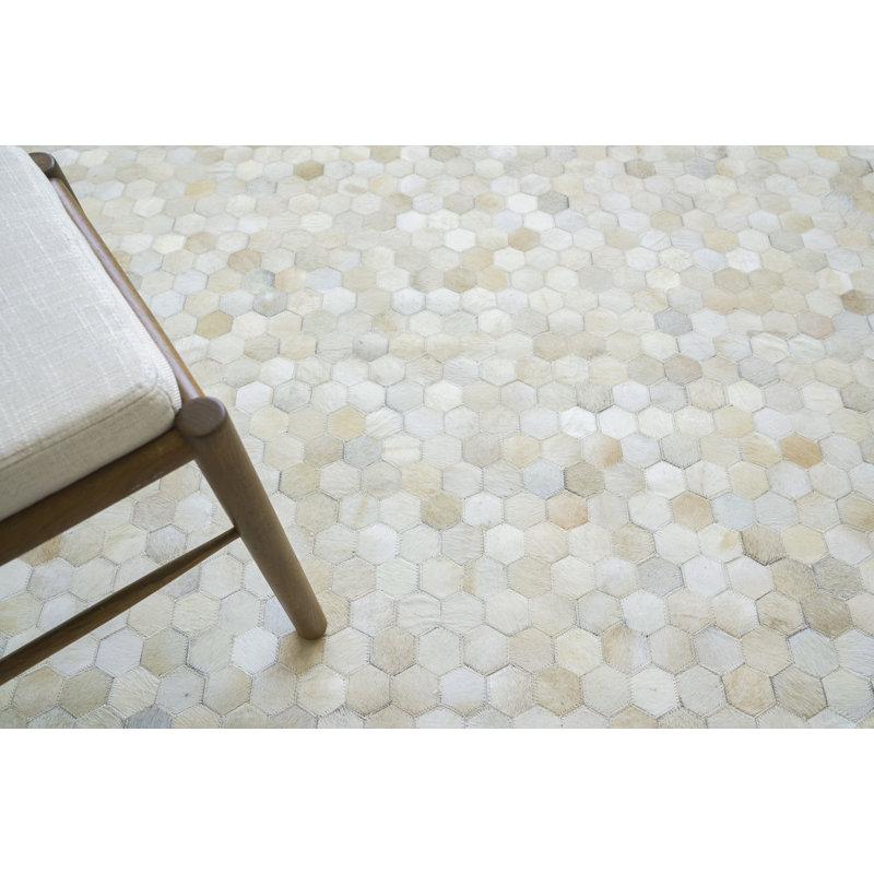 Mosaic Cowhide Geometric Area Rug in Ivory