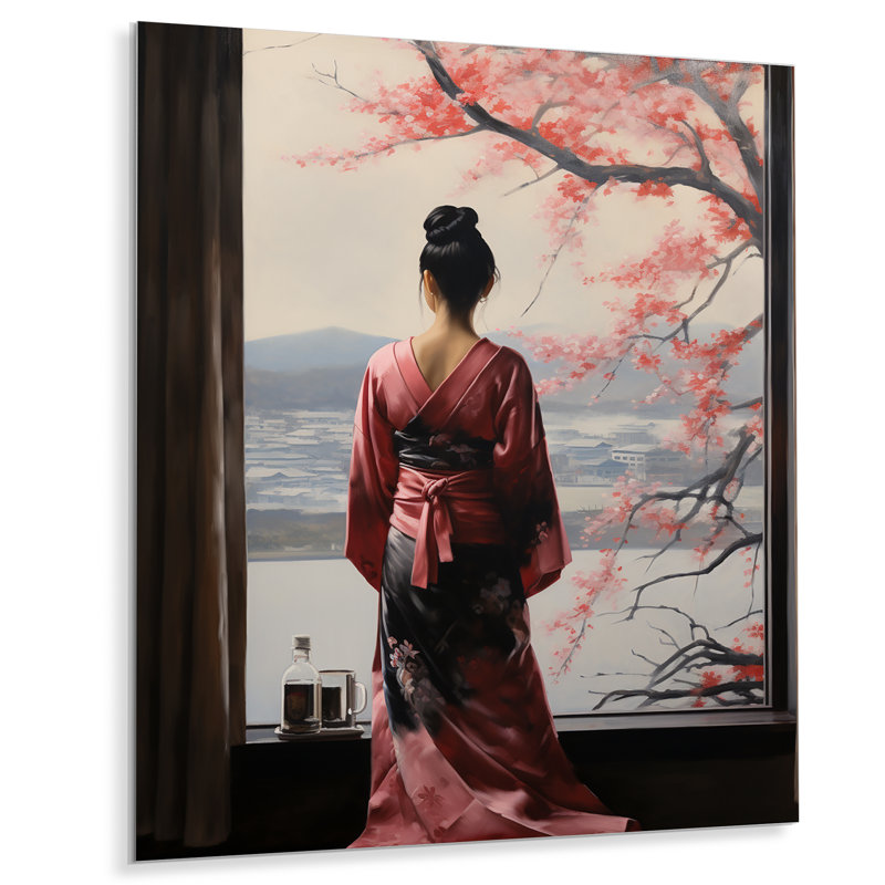 «Pink Tree Japanese Woman Window View I - Japon», art mural en métal, H 20 po x l 12 po x P 1 po