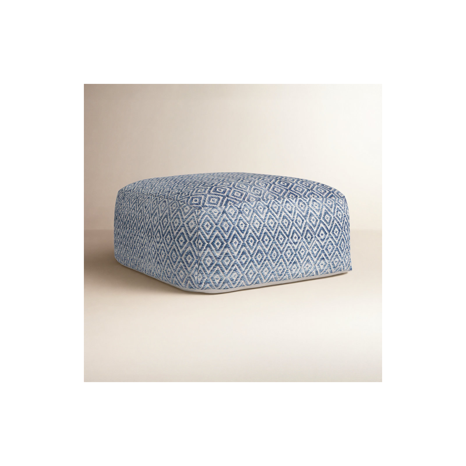 Iyanola 34'' Wide Square Geometric Pouf Ottoman, Beige/Blue