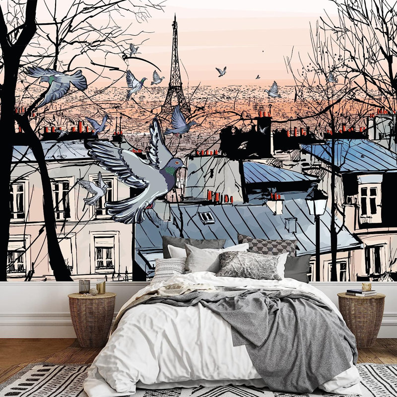 Vector Montmartre in Paris with Eiffel Tower Paintable Wall Mural, 66" L x 96" W