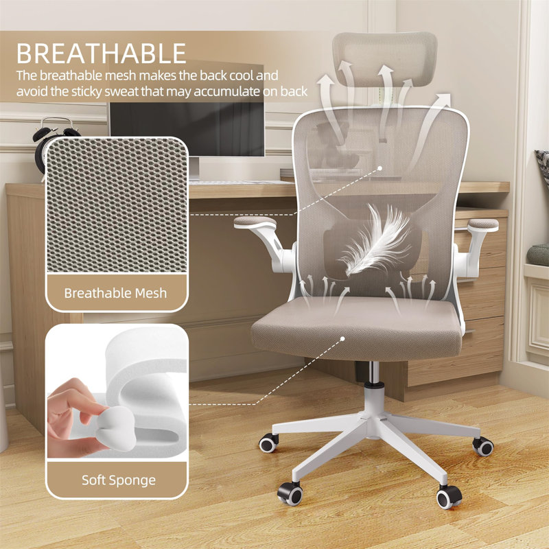 Chaise de bureau Nykeesha, Beige, Blanc