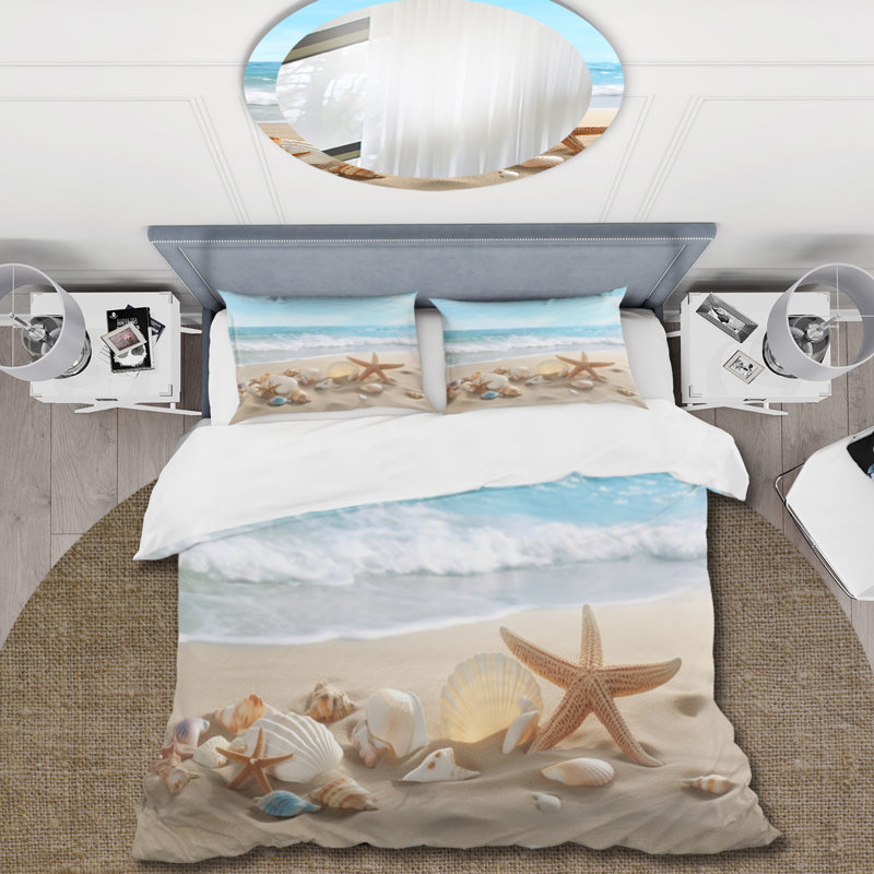 Starfish and Seashells Twin Beige and Blue Microfiber Duvet Cover Set