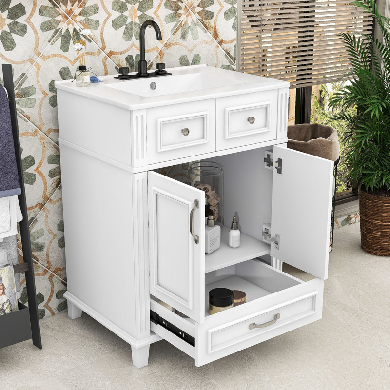 Meuble-lavabo autoportant moderne avec lavabo en céramique, portes à fermeture douce et tiroir de rangement, Blanc