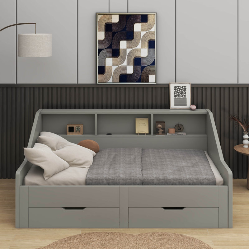 Twin To King Size Daybed Frame With Storage Bookcases, Grey