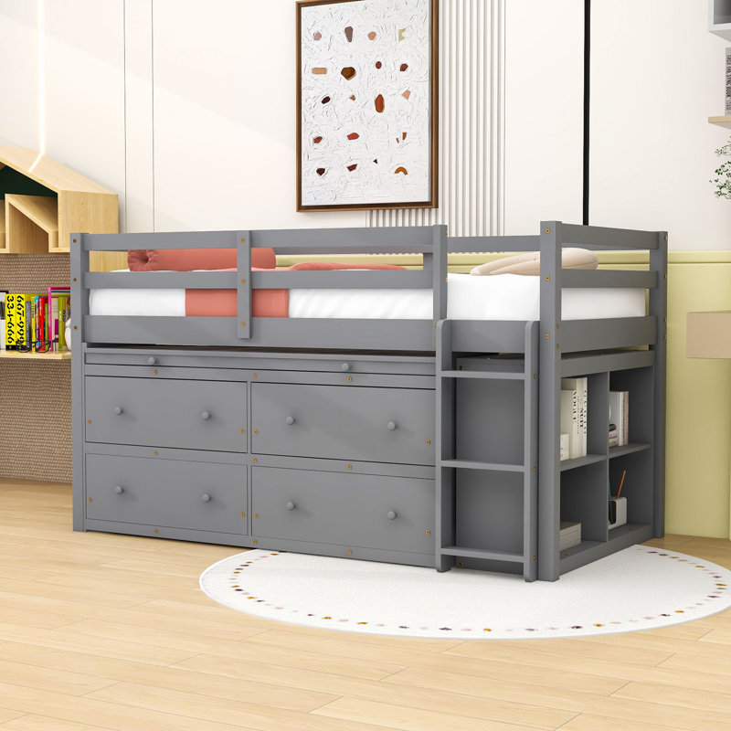 Lit mezzanine multifonctionnel en bois avec bureau rétractable et tiroirs de rangement, Simple, Grey