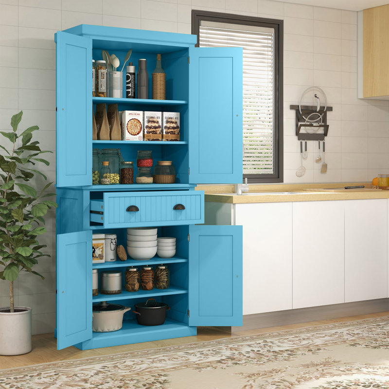 Armoire de cuisine, grande armoire de rangement autoportante, Bleu