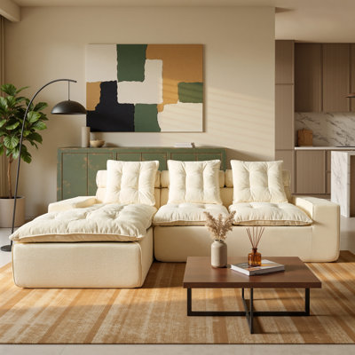 106.3" No-assembly Floor Sofa, L-shaped Modular Sectional Sofa, Deep Seat Cloud Couch For Living Room, Apartment