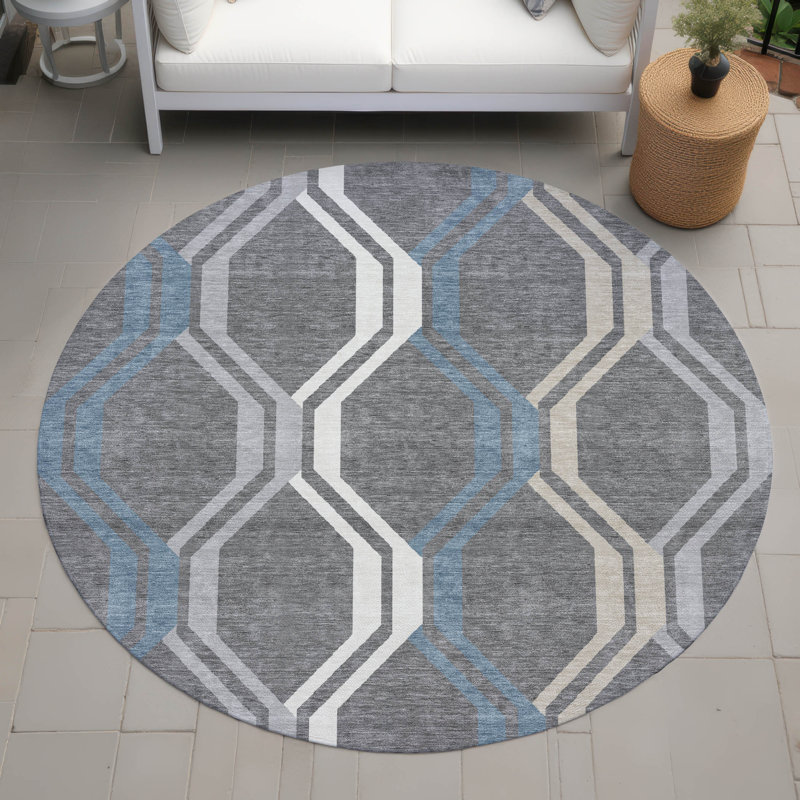 Tapis mid-century moderne lavable à la machine intérieur / extérieur Hashlamoun ACN2326, Rond 8 pi
