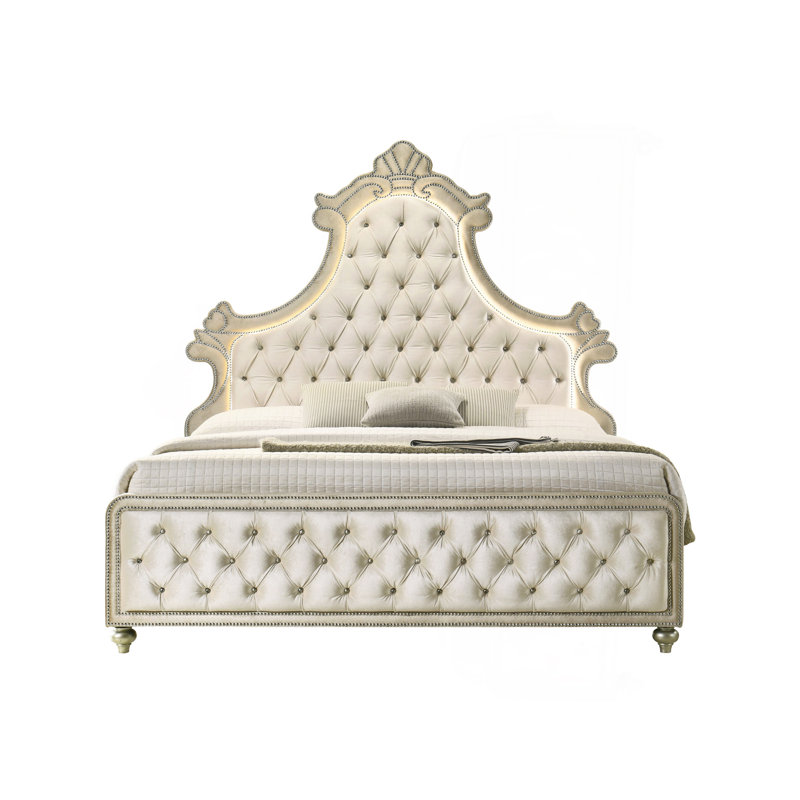 Lit Ek en velours beige avec DEL