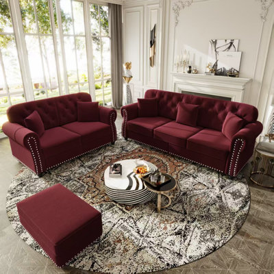 Mid-Century Chesterfield 3-Piece Upholstered Velvet Loveseat & 3-Seater Sofa Set With Ottoman