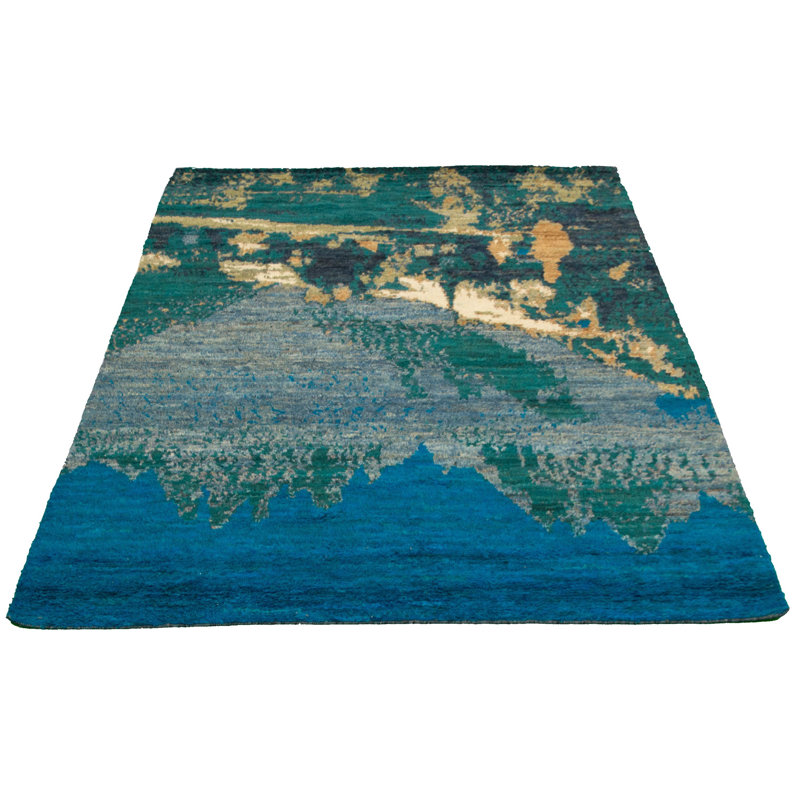 Tapis décoratif bleu sarcelle en laine noué à la main de conception unique 6 pi 5 po X 9 pi 6 po noué à la main New Age