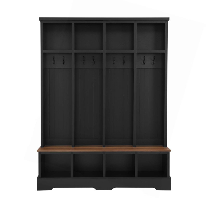 Farmhouse Hall Tree With 8 Hooks,Practical Entryway Bench With Open Compartments For Mudroom, Living Room, Black