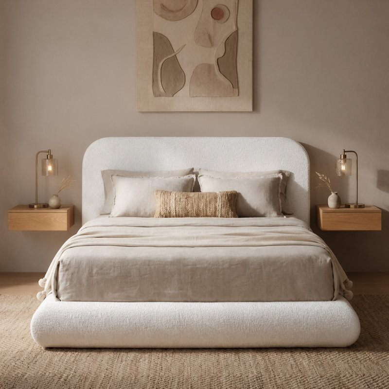 Base de lit tapissier grand lit avec tête de lit courbée en chenille, panneaux arqués en mousse entièrement rembourrés, support en métal robuste, aucun sommier tapissier requis, beige