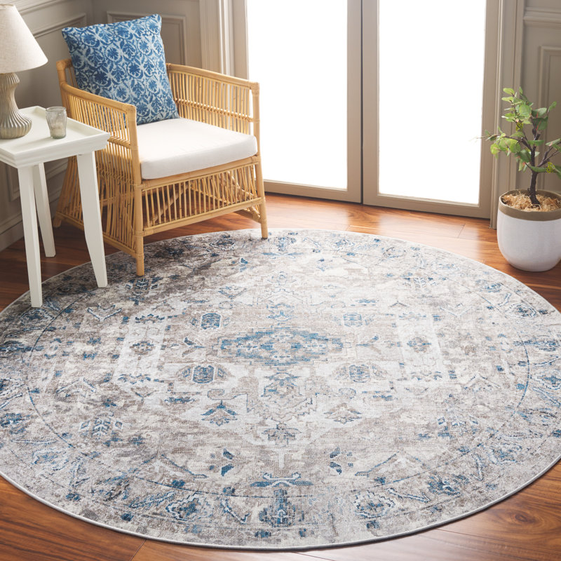 Yamiyah Orlando Felt/Velvet/Laminated Film Machine Washable Southwestern Rug in Grey/Blue, Round 6'7"