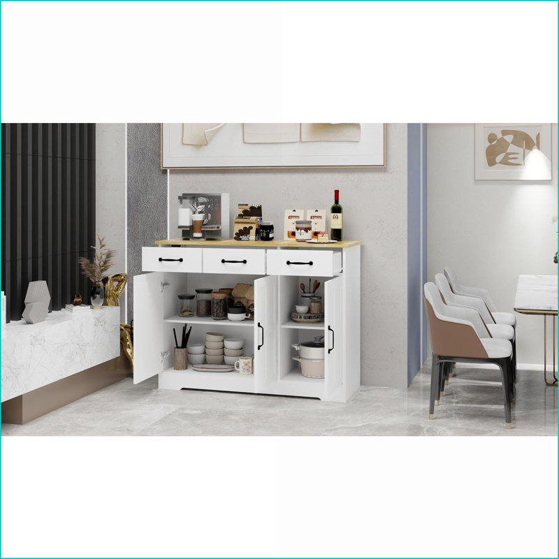 Buffet avec 3 tiroirs et 3 portes réglables | Panneau de fibres à densité moyenne blanc cassé Farmhouse | Rangement pour la cuisine et la salle à manger