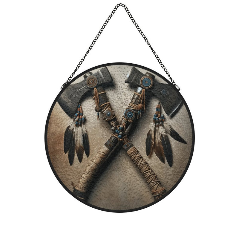 Haches croisées avec des plumes, des perles et des panneaux de verre teinté pour décor de fenêtre, 6.3x6.3in(16x16cm)