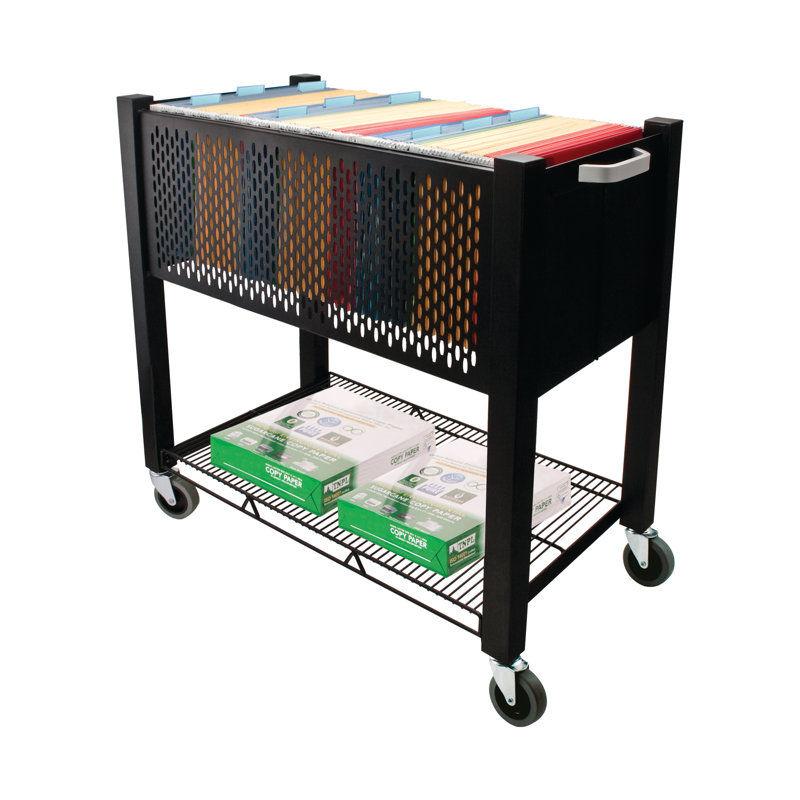 Black Steel Mobile File Cart with Push Handle and Locking Wheels