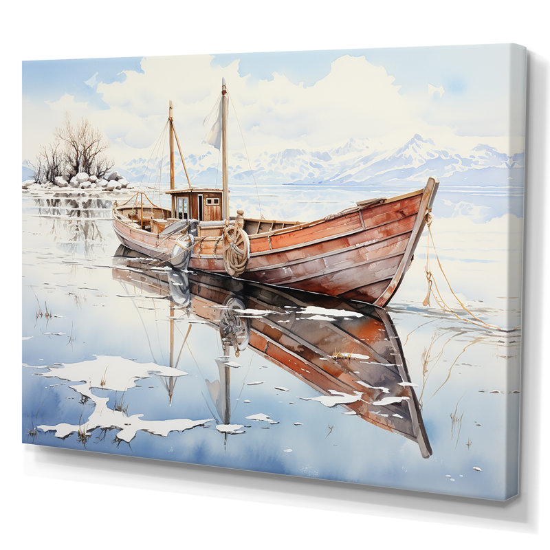 Rouge et blanc, bateau de pêche d'hiver Tranquility II - art mural minimalisme, Toile tendue, H 30 po x l 40 po x P 1,5 po