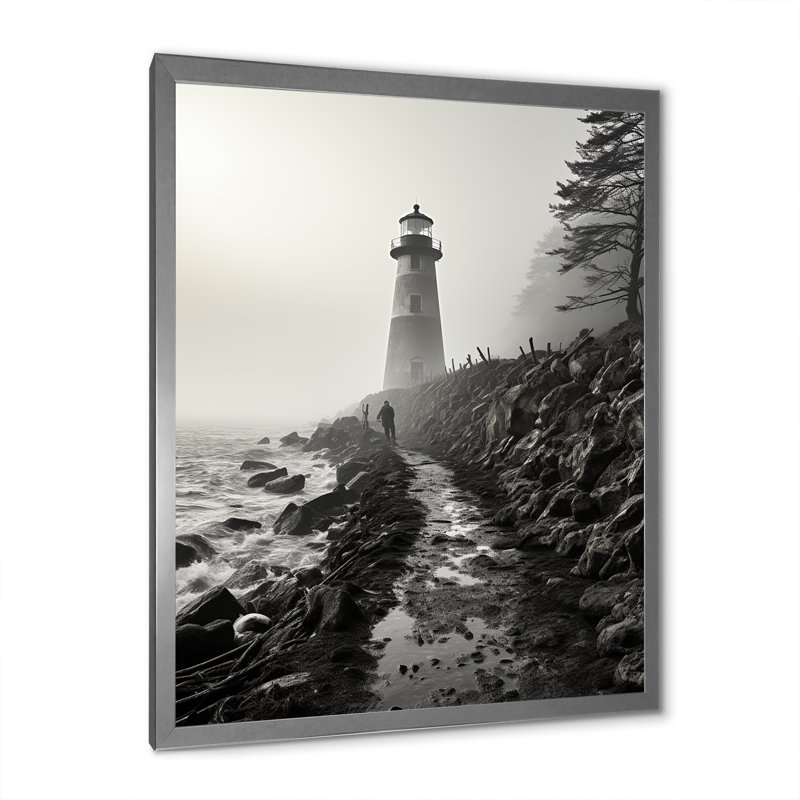 Phare Bansemer noir et blanc avec horizon brumeux, H 40 po x l 30 po x P 1,5 po, Cadre photo argenté