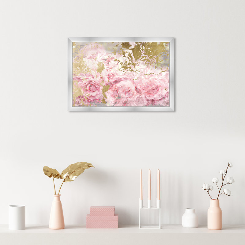 Camélias roses et dorés - peinture à cadre flottant, H 18 po x l 26 po, Papier avec cadre argenté