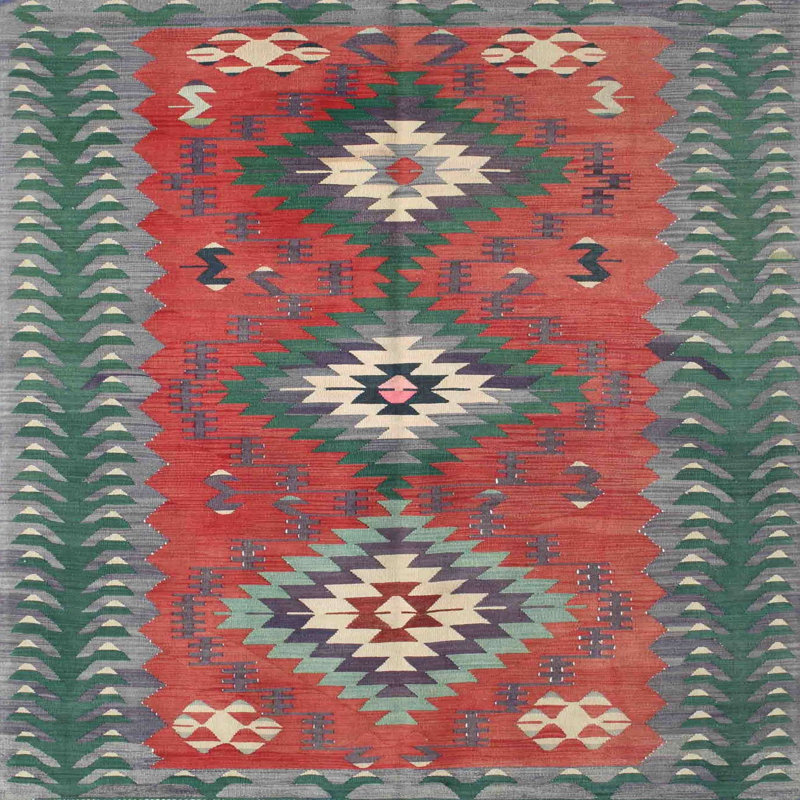Tapis contemporain vert / rouge, Carré 4 pi