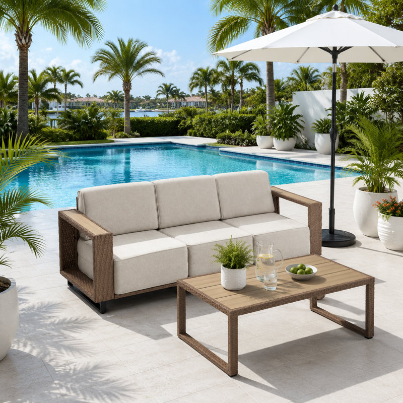 86" Wide Outdoor Wicker Patio Sofa with Cushions